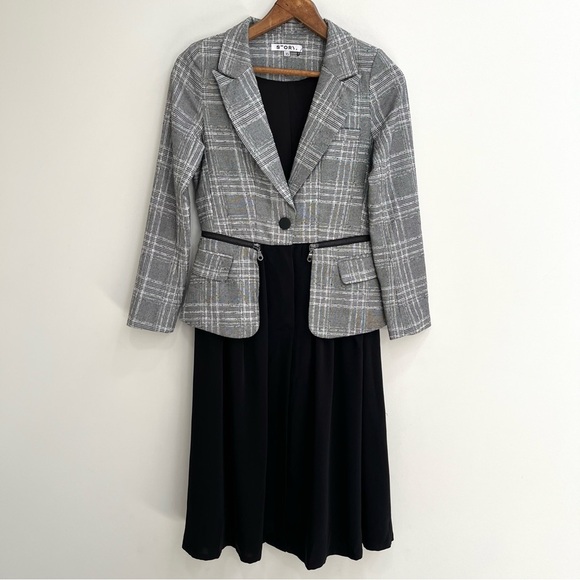 Story. Modesto long sleeve plaid tweed blazer midi dress vintage Inspired style - Picture 1 of 10